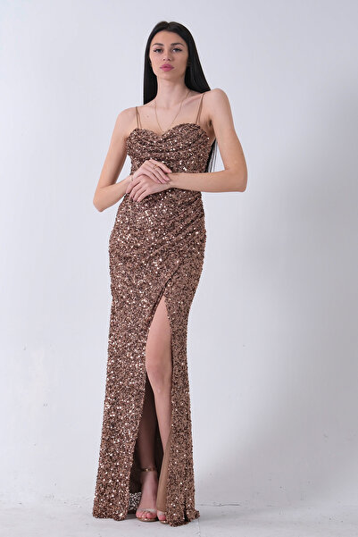 Feminist Drapeli Parlak Pul Payetli Askılı Abiye Bakır 9705539