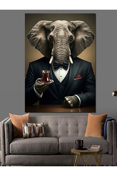 Tablomega Elephant Decorative Canvas with Elegant Tea Presentation - Mdf Wooden Table