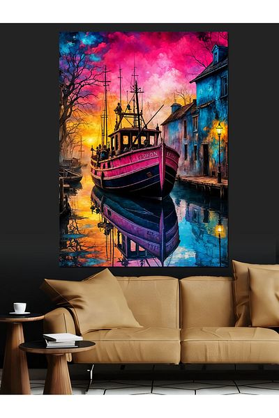 Tablomega Colorful Boat and River Decorative Canvas - Mdf Wooden Painting