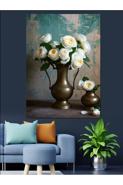 KanvasSepeti Flori albe în vază Pictură decorativă în ulei Texturată Pânză de...