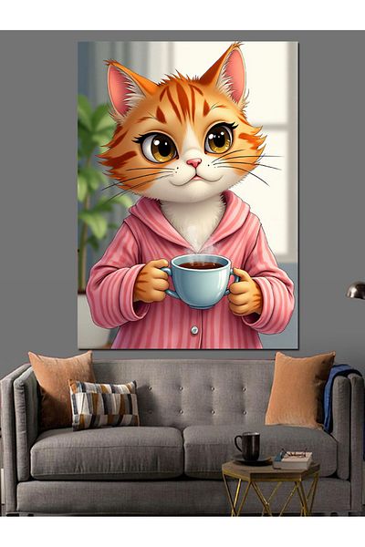 Tablomega Cat Sipping Morning Coffee Decorative Canvas - Mdf Wooden Painting
