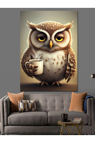 karizmart Kahve Kupası Tutan Baykuş Dekoratif Kanvas - Mdf Ahşap Tablo