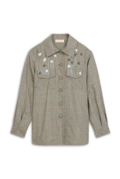 Machka İşlemeli ekose desen ceket