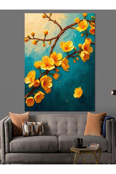Tablomega Yellow Flower Branches Decorative Canvas - Mdf Wooden Table