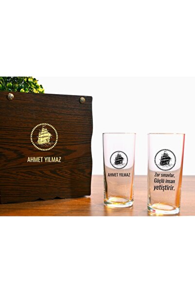 hediyekralı İsme Özel Ahşap Hediye Kutulu 2 li Rakı Bardağı Seti