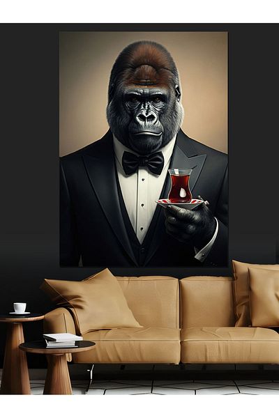 Tablomega Serious Gorilla Portrait and Tea Decorative Canvas - Mdf Wooden Painting