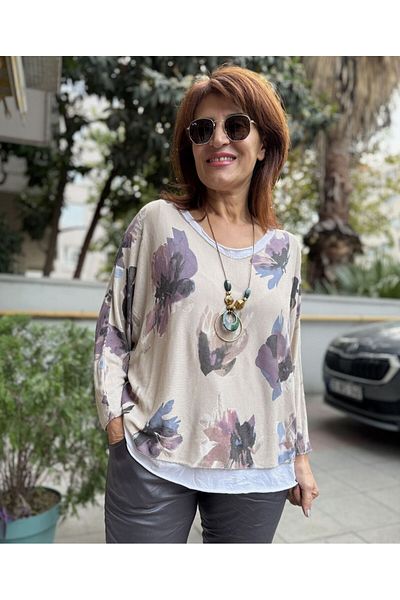 DenizEge Μπλούζα με ιταλικό λουλούδι μπεζ