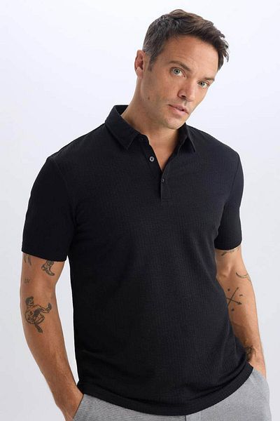 DeFacto Slim Fit Slim Fit βαμβακερό κοντομάνικο μαύρο μπλουζάκι πόλο X2594az25sp