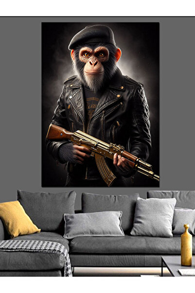 karizmart Silah Tutan Deri Ceketli Maymun Dekoratif Kanvas - Mdf Ahşap Tablo