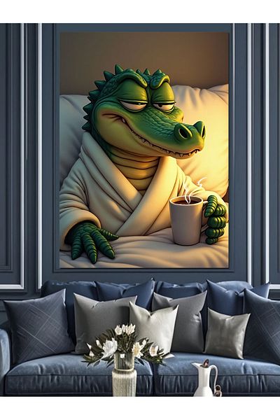 Tablomega Morning Coffee of Crocodile Decorative Canvas - Mdf Wooden Painting
