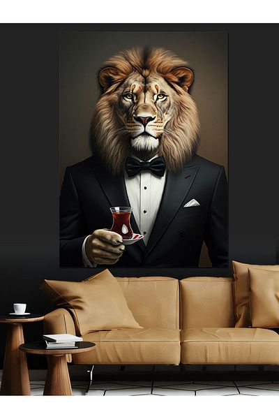 Tablomega Lion and Tea Elegance Decorative Canvas - Mdf Wooden Painting
