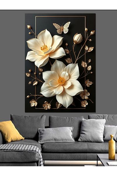 Tablomega Stylish White Flowers Decorative Canvas - Mdf Wooden Painting