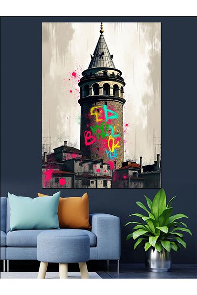 Tablomega Galata Tower Decorative Canvas Colored with Graffiti - Mdf Wooden Painting
