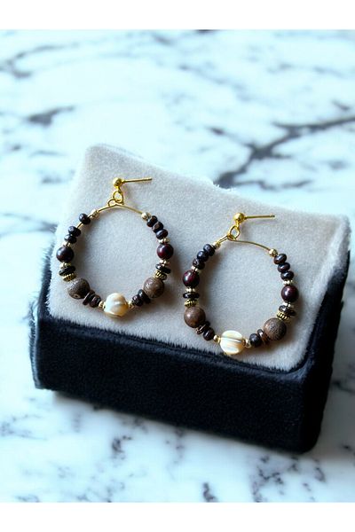 dela otantik Handmade Wood Beaded Jewelry Set with Natural Stone Hoop Earrings and Adjustable Bracelet, Ethnic Bohemian