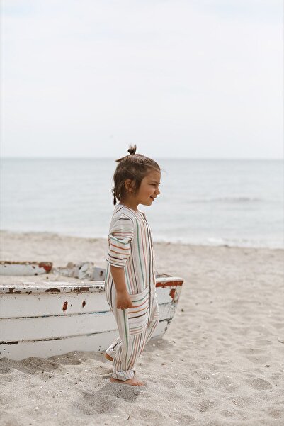 Catz Kids Colorful Thin Thick Striped Linen Short Sleeve Pocket Jumpsuit