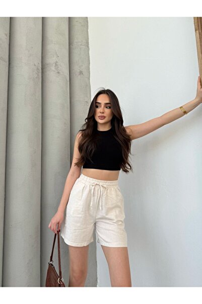 Ozy Fashion Açık Krem Keten Şort Çift Cep Detaylı Beli Bağlamalı