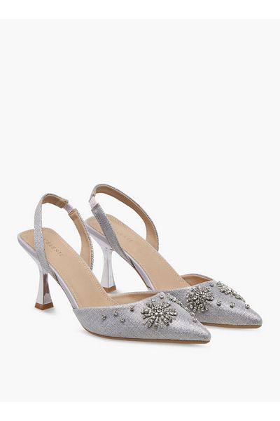 Celeste Embellished Pointed Toe Slingback Shoes with Kitten Heels