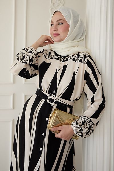 InStyle Patterned Belted Black Viscose Dress