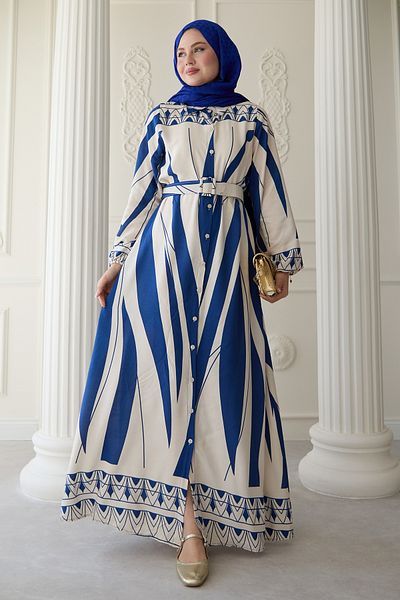 InStyle Rochie albastră din viscoză cu curea cu model