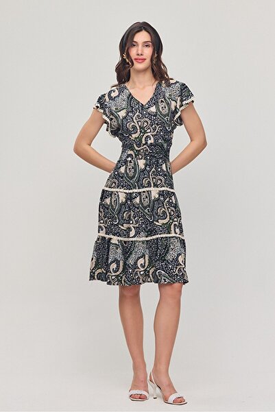 AYASOFYA OTANTIK Γυναικείο κοντομάνικο φόρεμα με μπλέ Navy V λαιμόκοψη Ethnic...