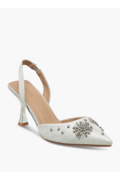 Celeste Embellished Pointed Toe Slingback Shoes with Kitten Heels