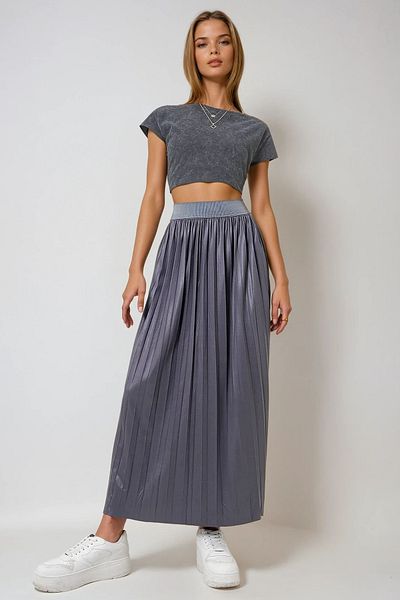 VAGGON Women's Anthracite Elastic Waist Wide Pleated Seasonal Long Skirt Prmx12731