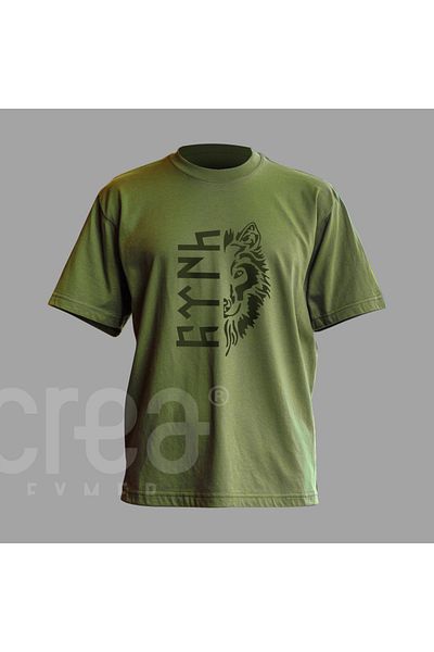 Crea Eymer Wear Λύκος και Τουρκικό Σχέδιο Ψηφιακό Εκτυπωμένο Βαμβακερό Μπλουζάκι με λαιμόκοψη Χακί - Χακί