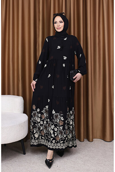 sefamerve Viskon Desenli Elbise 4080-05 Siyah