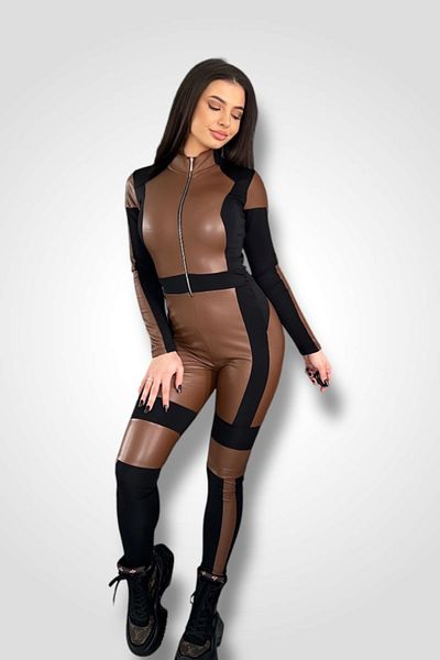 BOMBFIT Impact Beige jumpsuit, matte texture with Eco leather, for women, Shapewear