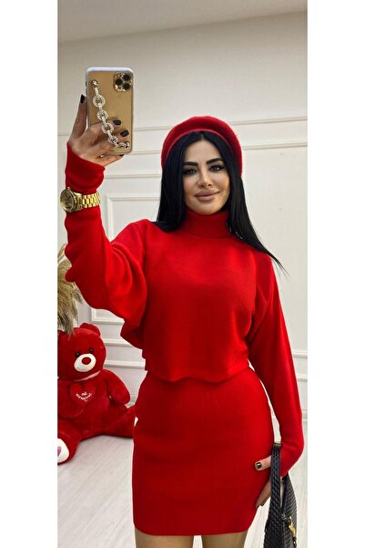 BERİ BUTİK Red Skirted Bottom Top Knitwear Set