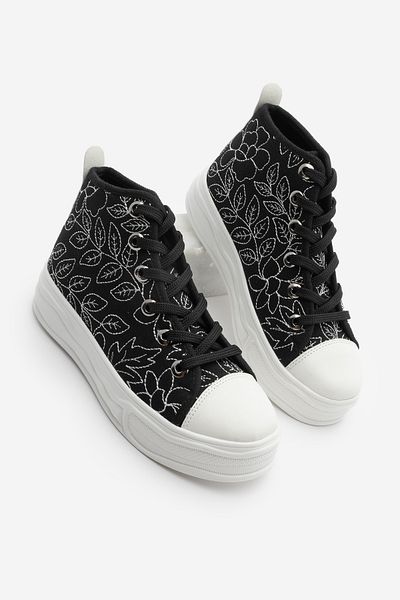 Marjin Pantofi de damă - Pantofi sport cu șireturi, brodate de in, Havela Black