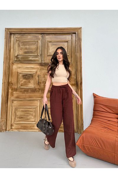 Ozy Fashion Muslin Fabric Brown Wide Leg Women's Trousers
