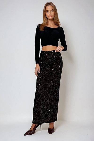 VAGGON Women's Burgundy High Waist Sequin Sequin Maxi Length Skirt Prmx13293