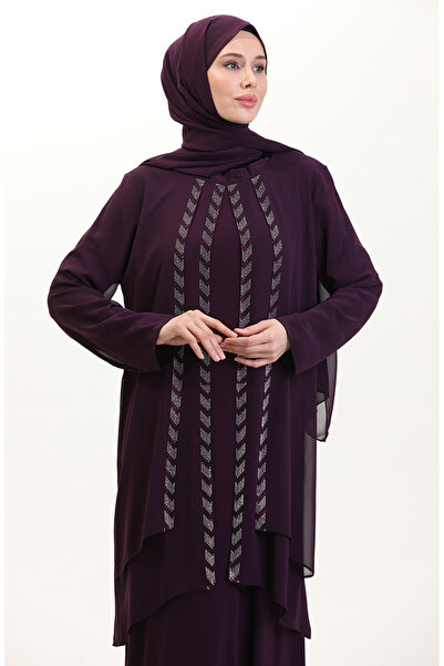 sefamerve Büyük Beden Şifon Elbise 6165-02 Mürdüm