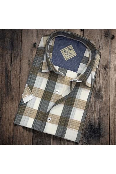 GÖMLEK GALERİSİ Men's Classic Relaxed Fit Checked Short Sleeve Linen Shirt