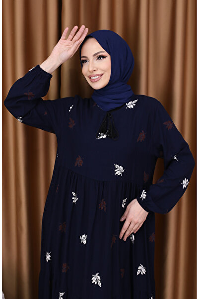 sefamerve Viskon Desenli Elbise 4080-04 Lacivert