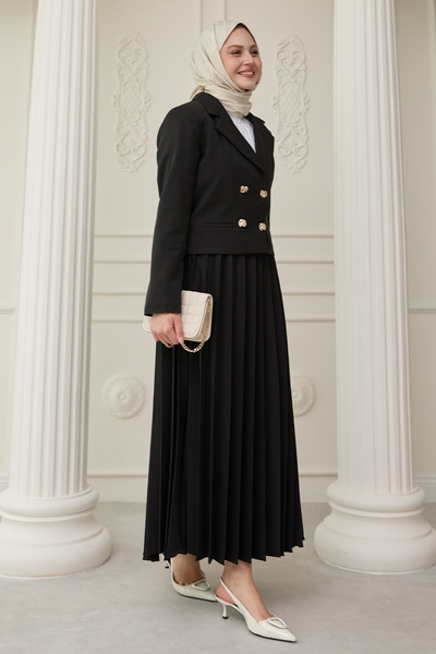 InStyle Black Double Suit with Pleated Skirt and Jacket