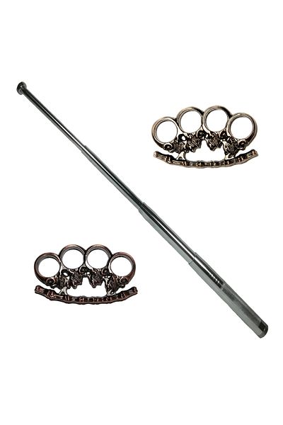 Depox Baston telescopic, argintiu, 4 sectiuni, 65 cm, cadou 2 rozete de craniu