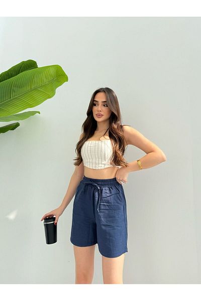 Ozy Fashion Pantaloni scurți de in albastru bleumarin cu detaliu dublu buzunar și cravată în talie