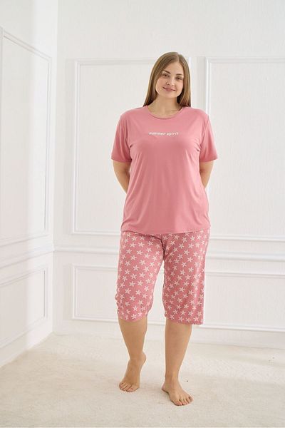 Burcumay Soft Textured Milan Fabric Below Knee Flexible Short Sleeve Pink Women's Capri Plus Size Pajamas Set
