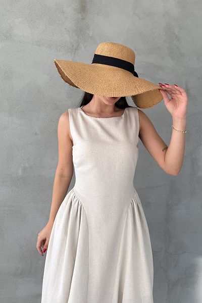 Seda Yalçın Atelier Beige Linen Midi Length Princess Dress with Shirred Sides