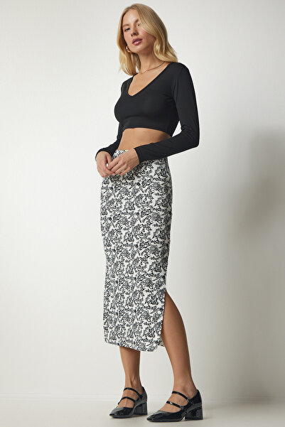 Lovelyİstanbul Desenli Yırtmaçlı Kaşkorse Etek SİYAH BEYAZ LMC0030
