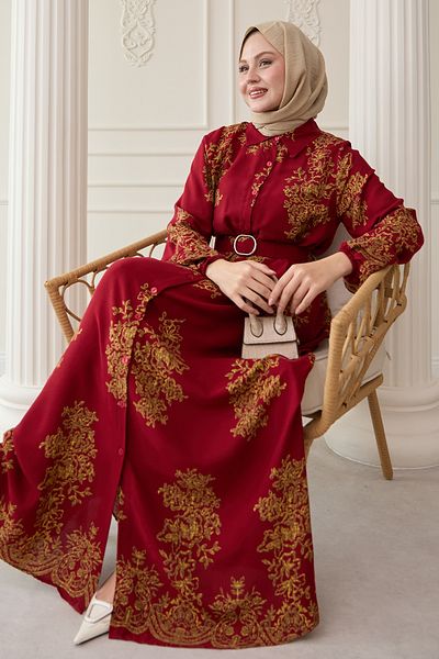 InStyle Rochie din viscoză burgundă cu model auriu