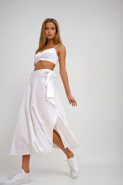 VAGGON Women's White Asymmetrical Cut Waist Tie Skirt Prmx5001