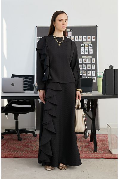 Fatma Atasoy Flounced Black Skirt Blouse Set