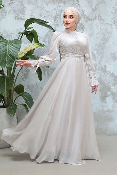 Neva Style Rochie de seară hijab din piatră cu detaliu de șireturi 48051tas