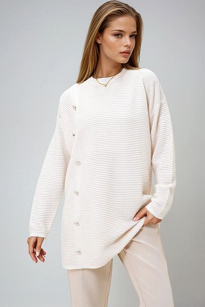 VAGGON Women's Ecru Crew Neck Gold Button Detailed Knitwear Tunic Prmx12988