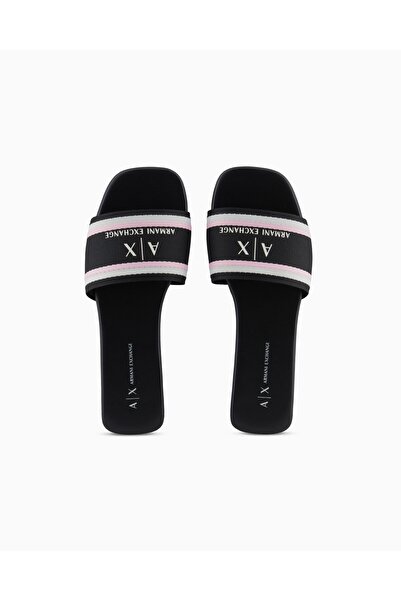 Armani Exchange Kadın Üst Yüzeyi Şerit Çizgi Detaylı Mini Topuk Kabartmalı Siyah Terlik Xdp056 Xv922-00002