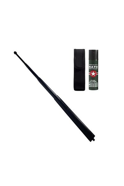 Depox Set baston telescopic din oțel și spray paralizant, 110 ml, negru, 77 cm, 4 secțiuni, cutie inclusă