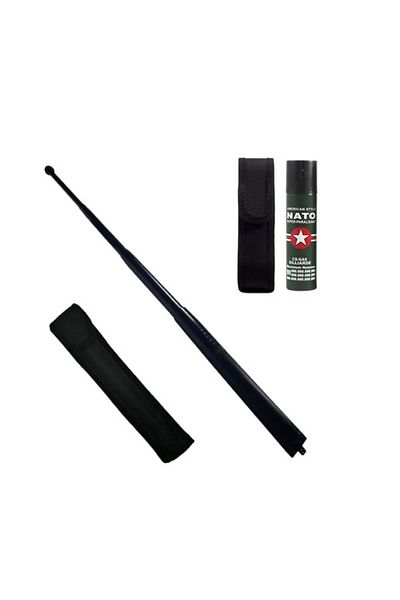 Depox Set baston telescopic din oțel și spray paralizant, 90 ml, negru, 77 cm, 4 secțiuni, cutie inclusă